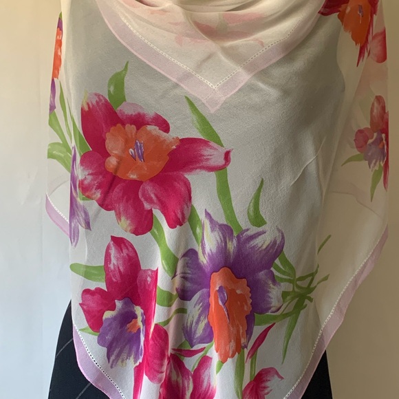 Ralph Lauren Silk Scarf Chiffon Soft Delicate Floral Embroidered 32" Vintage - Picture 7 of 12